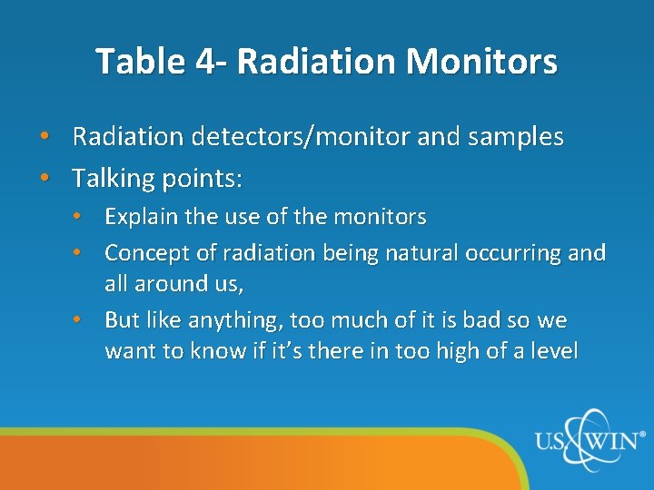Table 4 - Radiation Monitors • Radiation detectors/monitor and samples • Talking points: Explain