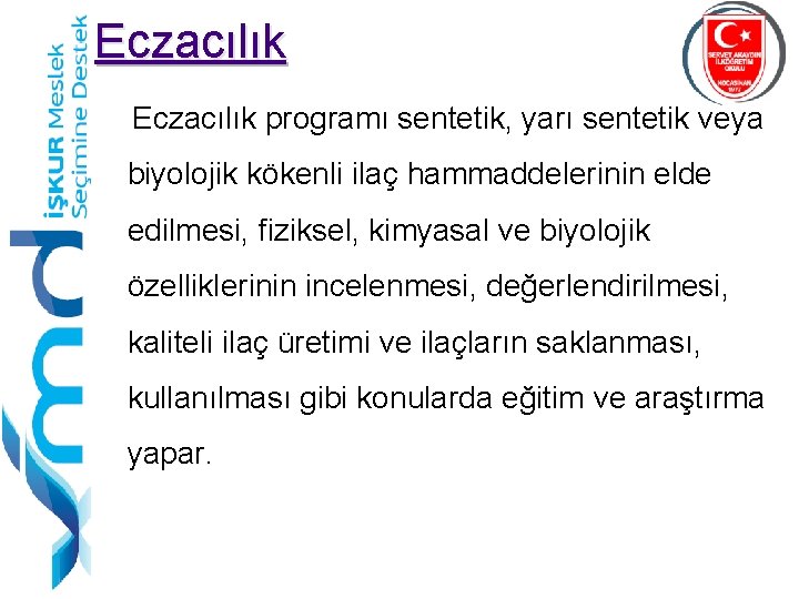 Eczacılık programı sentetik, yarı sentetik veya biyolojik kökenli ilaç hammaddelerinin elde edilmesi, fiziksel, kimyasal