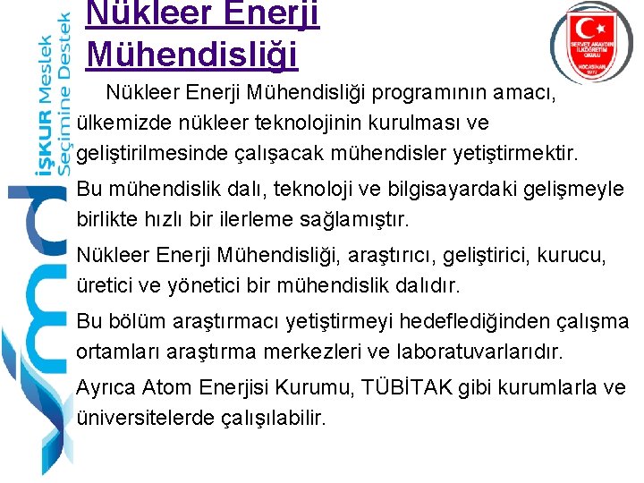 Nükleer Enerji Mühendisliği programının amacı, ülkemizde nükleer teknolojinin kurulması ve geliştirilmesinde çalışacak mühendisler yetiştirmektir.