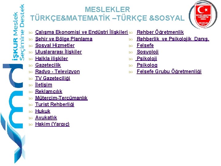 MESLEKLER TÜRKÇE&MATEMATİK –TÜRKÇE &SOSYAL Çalışma Ekonomisi ve Endüstri İlişkileri Şehir ve Bölge Planlama Sosyal