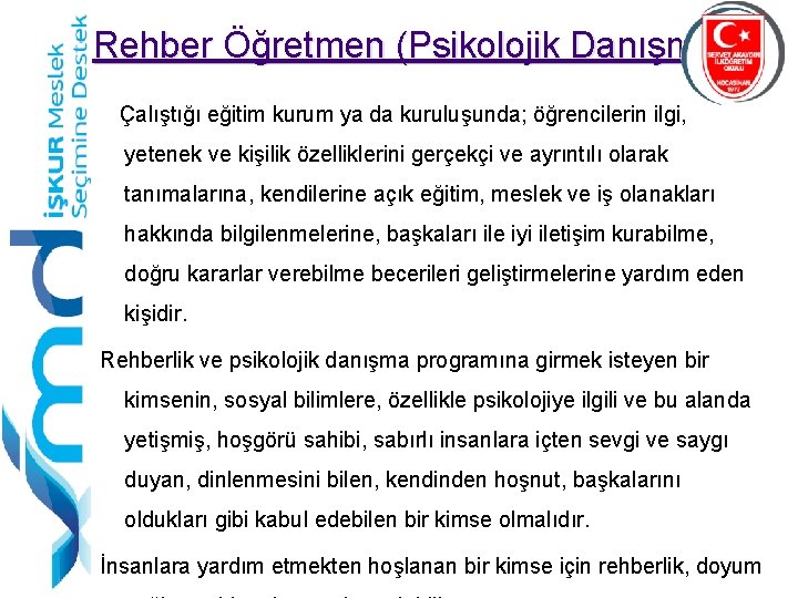 Rehber Öğretmen (Psikolojik Danışman) Çalıştığı eğitim kurum ya da kuruluşunda; öğrencilerin ilgi, yetenek ve