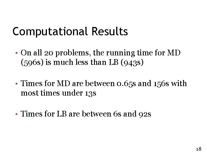 Computational Results • On all 20 problems, the running time for MD (596 s) Computational Results • On all 20 problems, the running time for MD (596 s)