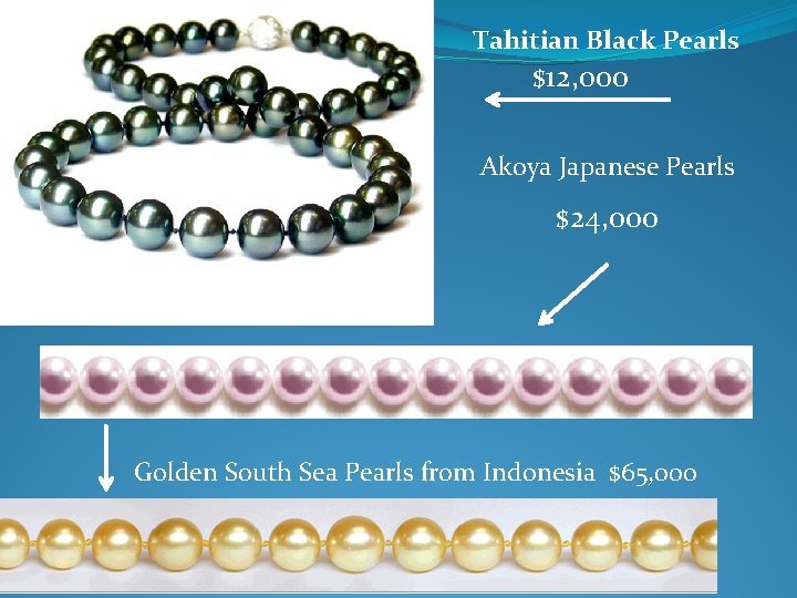 Tahitian Black Pearls $12, 000 Akoya Japanese Pearls $24, 000 Golden South Sea Pearls
