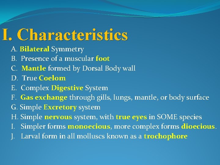 I. Characteristics A. Bilateral Symmetry B. Presence of a muscular foot C. Mantle formed