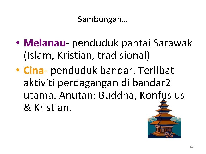 Sambungan… • Melanau- penduduk pantai Sarawak (Islam, Kristian, tradisional) • Cina- penduduk bandar. Terlibat