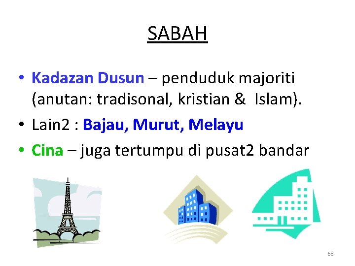 SABAH • Kadazan Dusun – penduduk majoriti (anutan: tradisonal, kristian & Islam). • Lain