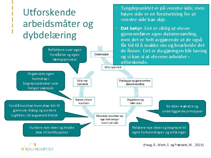 Utforskende arbeidsmåter og dybdelæring Reflektere over egen forståelse og egen læringsprosess • Tyngdepunktet er