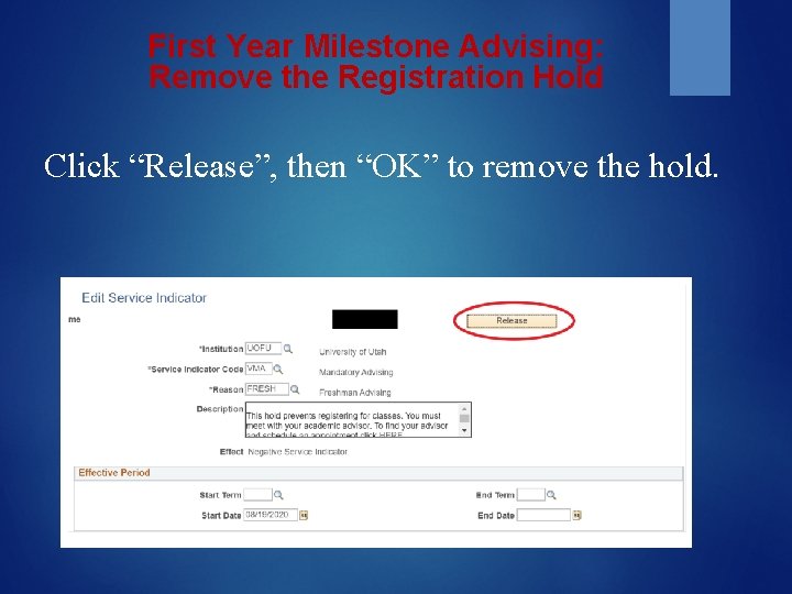 First Year Milestone Advising: Remove the Registration Hold Click “Release”, then “OK” to remove