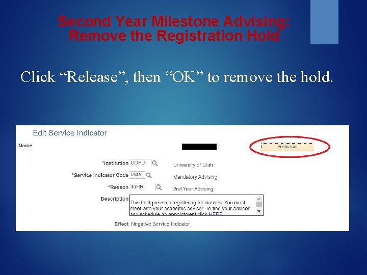 Second Year Milestone Advising: Remove the Registration Hold Click “Release”, then “OK” to remove
