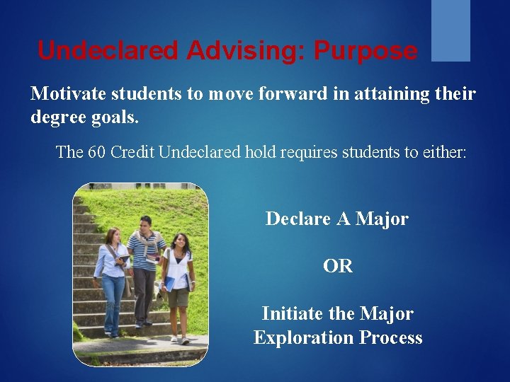 Undeclared Advising: Purpose Motivate students to move forward in attaining their degree goals. The