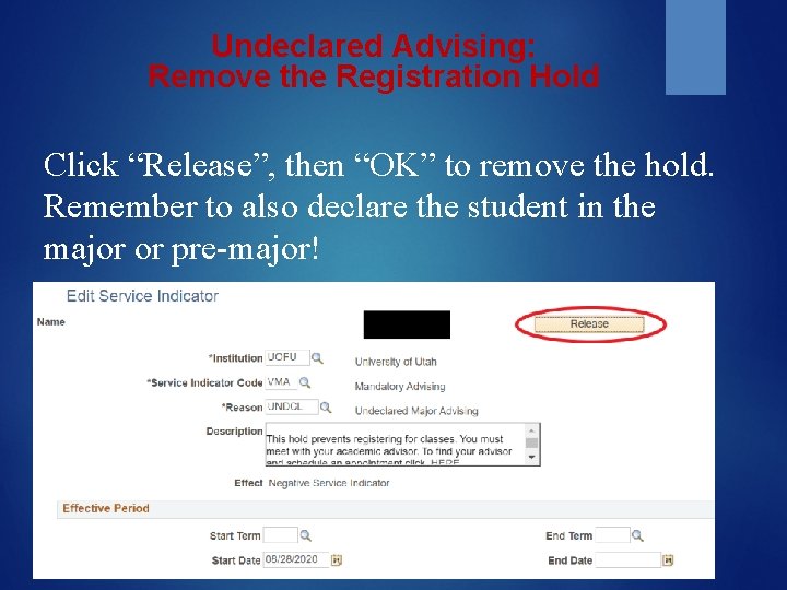 Undeclared Advising: Remove the Registration Hold Click “Release”, then “OK” to remove the hold.