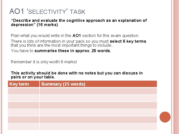 AO 1 ‘SELECTIVITY’ TASK “Describe and evaluate the cognitive approach as an explanation of