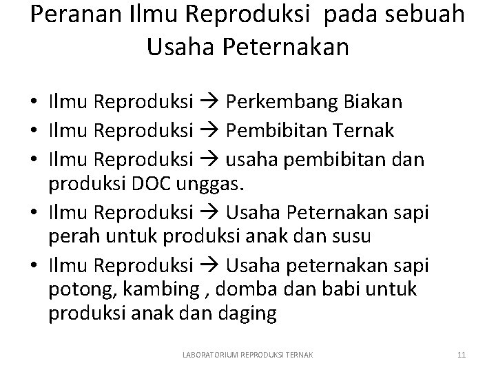 Peranan Ilmu Reproduksi pada sebuah Usaha Peternakan • Ilmu Reproduksi Perkembang Biakan • Ilmu