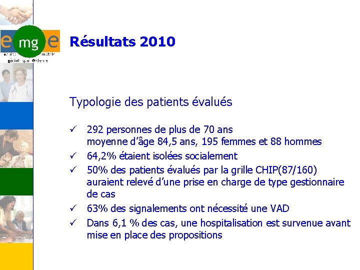 Résultats 2010 Typologie des patients évalués ü 292 personnes de plus de 70 ans