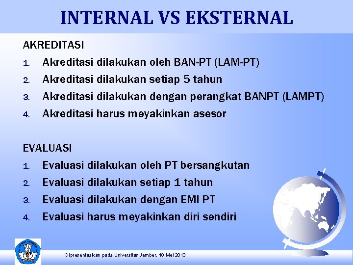 INTERNAL VS EKSTERNAL AKREDITASI 1. Akreditasi dilakukan oleh BAN-PT (LAM-PT) 2. Akreditasi dilakukan setiap