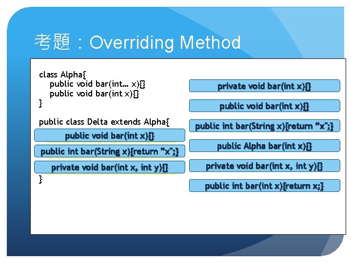 考題:Overriding Method class Alpha{ public void bar(int… x){} public void bar(int x){} } public 考題:Overriding Method class Alpha{ public void bar(int… x){} public void bar(int x){} } public