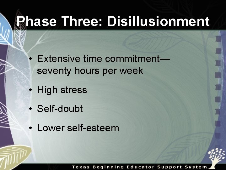 Phase Three: Disillusionment • Extensive time commitment— seventy hours per week • High stress