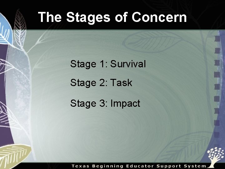 The Stages of Concern Stage 1: Survival Stage 2: Task Stage 3: Impact 