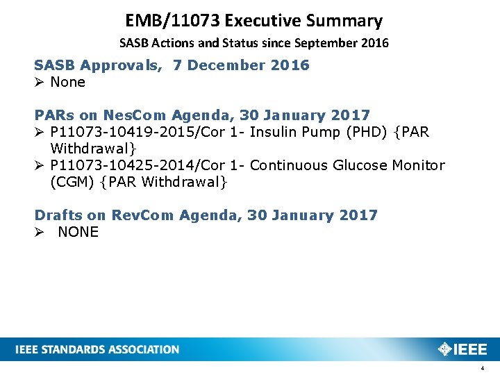 EMB/11073 Executive Summary SASB Actions and Status since September 2016 SASB Approvals, 7 December