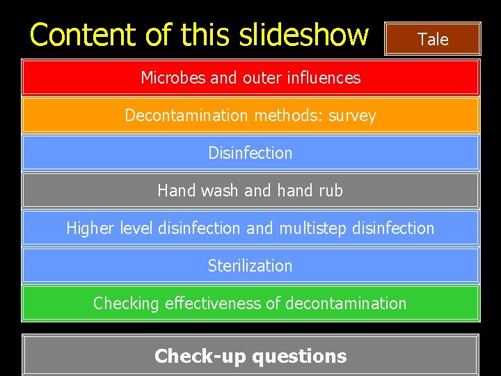 Content of this slideshow Tale Microbes and outer influences Decontamination methods: survey Disinfection Hand