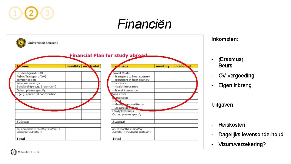 Financiën Inkomsten: - (Erasmus) Beurs - OV vergoeding - Eigen inbreng Uitgaven: - Reiskosten