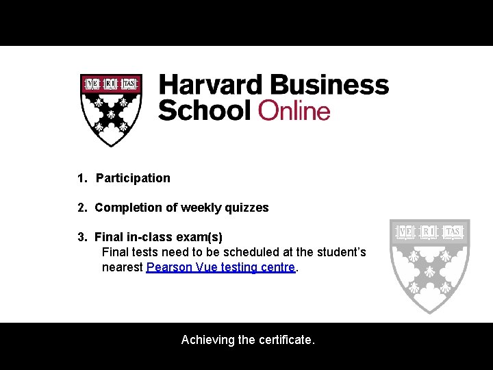 1. Participation 2. Completion of weekly quizzes 3. Final in-class exam(s) Final tests need