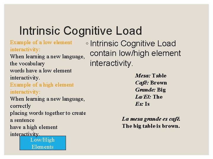 Intrinsic Cognitive Load Example of a low element ◦ Intrinsic Cognitive Load interactivity: When