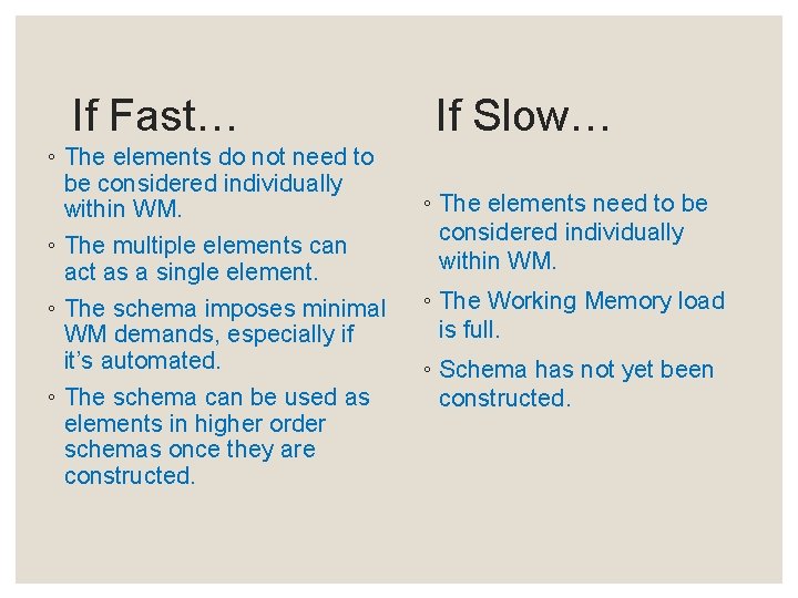 If Fast… ◦ The elements do not need to be considered individually within WM.