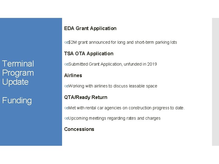 EDA Grant Application $2 M grant announced for long and short-term parking lots TSA