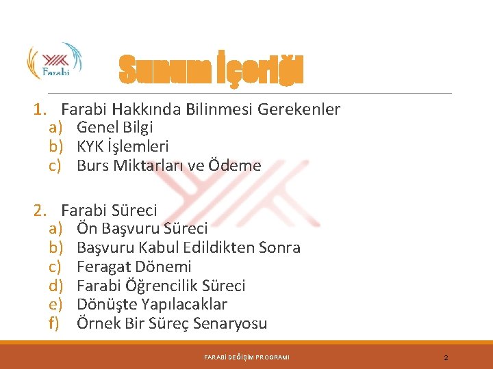 Sunum İçeriği 1. Farabi Hakkında Bilinmesi Gerekenler a) Genel Bilgi b) KYK İşlemleri c)