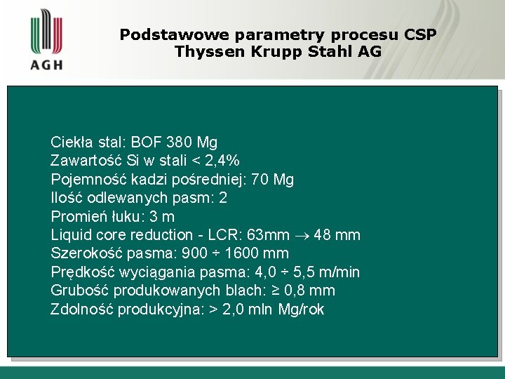 Podstawowe parametry procesu CSP Thyssen Krupp Stahl AG Ciekła stal: BOF 380 Mg Zawartość