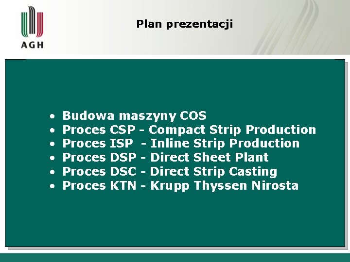 Plan prezentacji • • • Budowa maszyny COS Proces CSP - Compact Strip Production