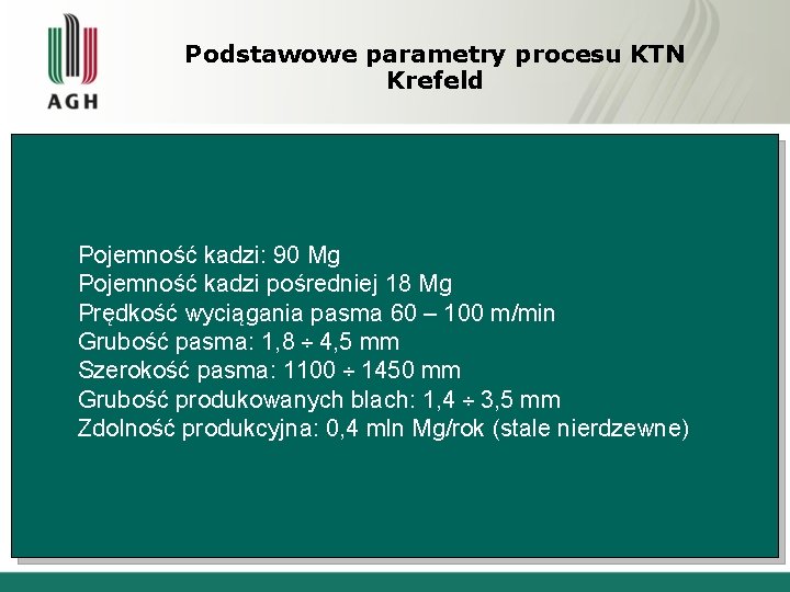 Podstawowe parametry procesu KTN Krefeld Pojemność kadzi: 90 Mg Pojemność kadzi pośredniej 18 Mg