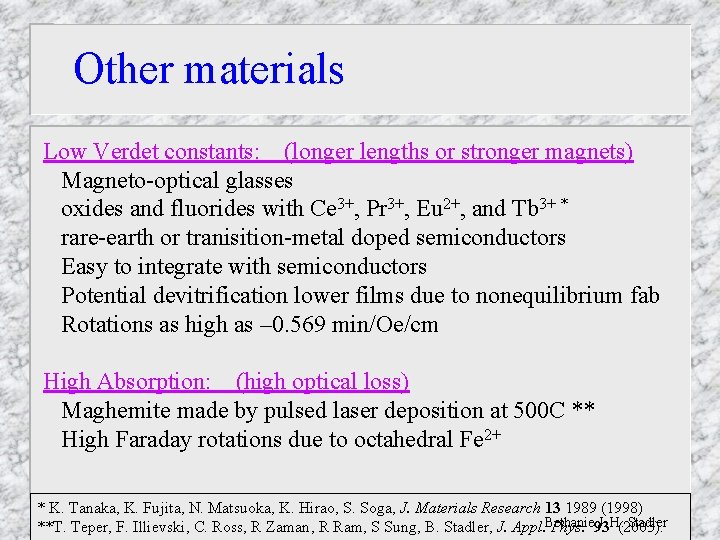 Other materials Low Verdet constants: (longer lengths or stronger magnets) Magneto-optical glasses oxides and