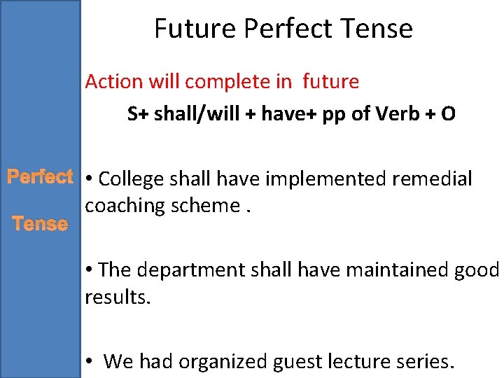 Future Perfect Tense Action will complete in future S+ shall/will + have+ pp of
