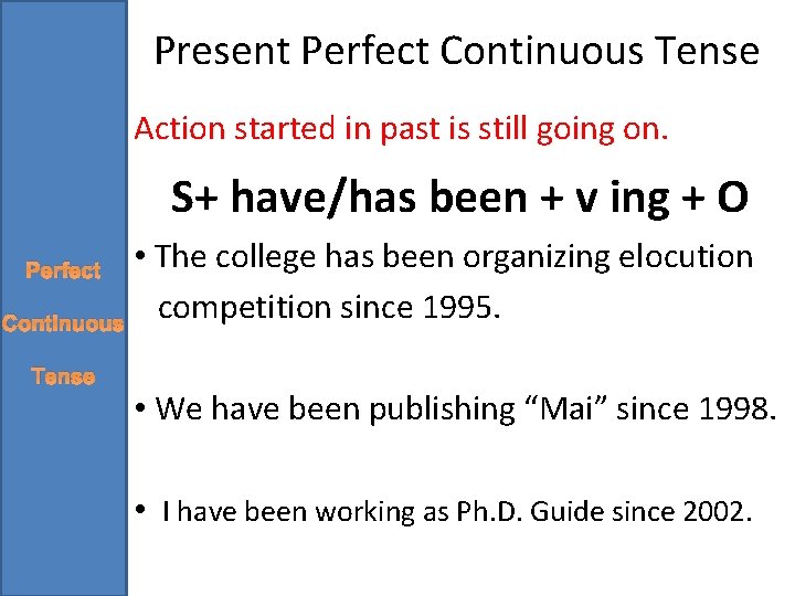 Present Perfect Continuous Tense Action started in past is still going on. S+ have/has