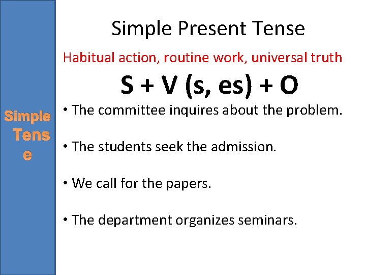 Simple Present Tense Habitual action, routine work, universal truth S + V (s, es)