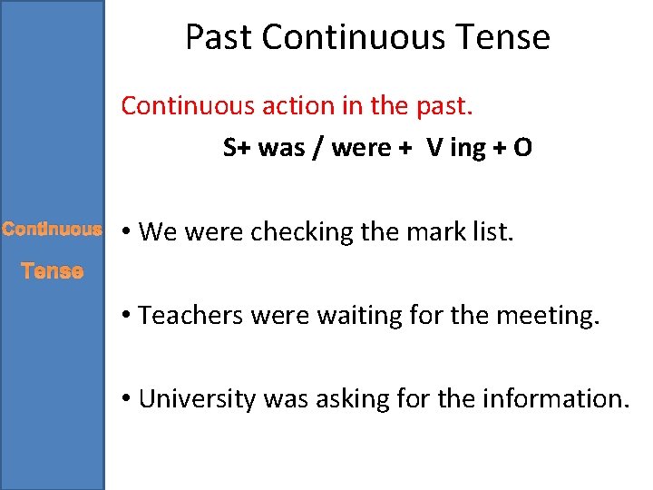 Past Continuous Tense Continuous action in the past. S+ was / were + V