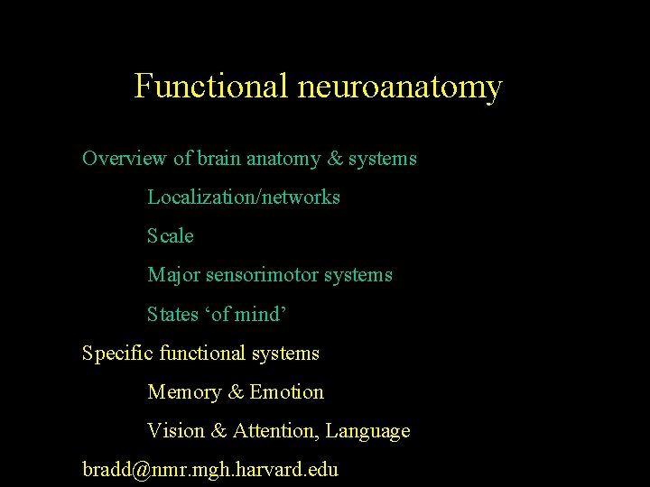 Functional neuroanatomy Overview of brain anatomy & systems Localization/networks Scale Major sensorimotor systems States