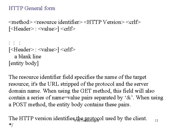 HTTP General form <method> <resource identifier> <HTTP Version> <crlf> [<Header> : <value>] <crlf> :