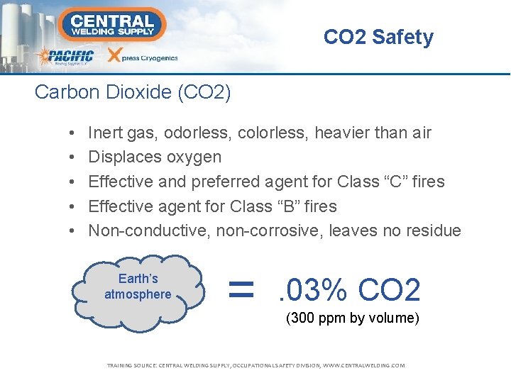 CO 2 Safety Carbon Dioxide (CO 2) • • • Inert gas, odorless, colorless,