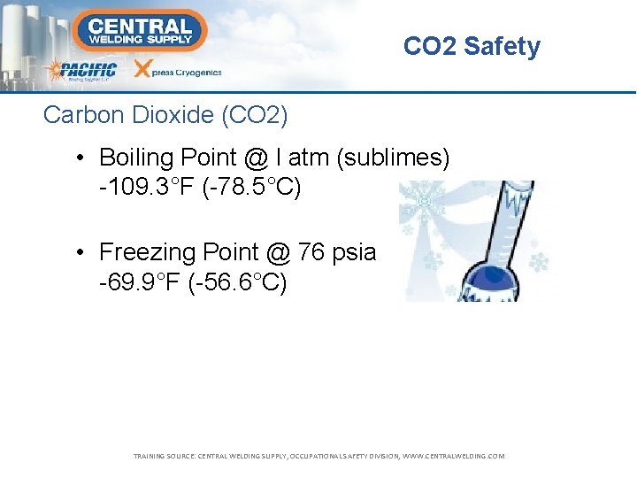 CO 2 Safety Carbon Dioxide (CO 2) • Boiling Point @ l atm (sublimes)