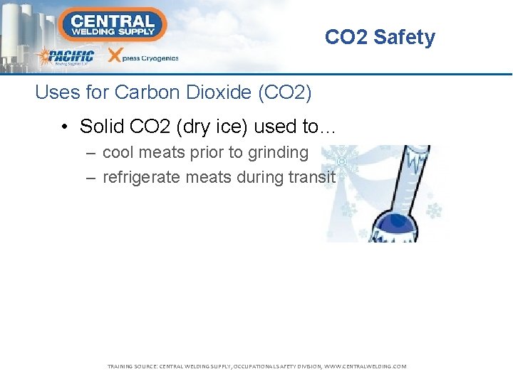 CO 2 Safety Uses for Carbon Dioxide (CO 2) • Solid CO 2 (dry