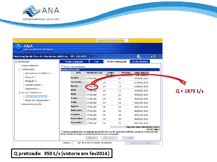 Q = 1875 L/s Q praticada: 350 L/s (vistoria em fev 2014) 