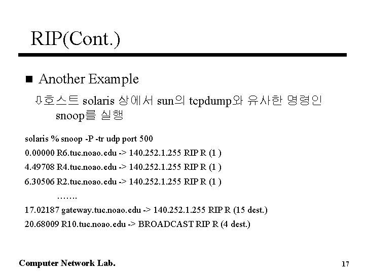 RIP(Cont. ) n Another Example ò호스트 solaris 상에서 sun의 tcpdump와 유사한 명령인 snoop를 실행 RIP(Cont. ) n Another Example ò호스트 solaris 상에서 sun의 tcpdump와 유사한 명령인 snoop를 실행