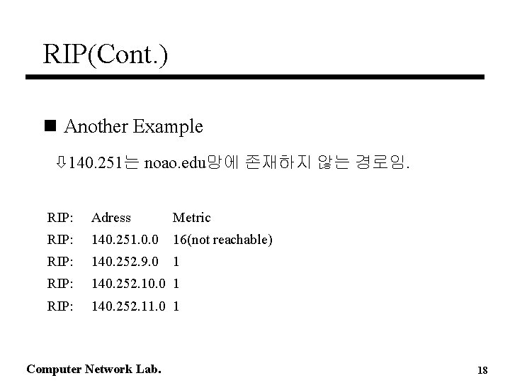 RIP(Cont. ) n Another Example ò 140. 251는 noao. edu망에 존재하지 않는 경로임. RIP: RIP(Cont. ) n Another Example ò 140. 251는 noao. edu망에 존재하지 않는 경로임. RIP: