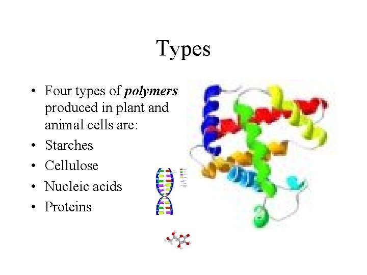 Types • Four types of polymers produced in plant and animal cells are: •