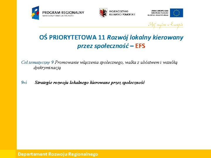 OŚ PRIORYTETOWA 11 Rozwój lokalny kierowany przez społeczność – EFS Cel tematyczny 9 Promowanie