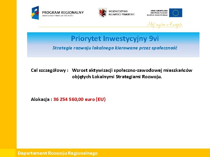 Priorytet Inwestycyjny 9 vi Strategie rozwoju lokalnego kierowane przez społeczność Cel szczegółowy : Wzrost