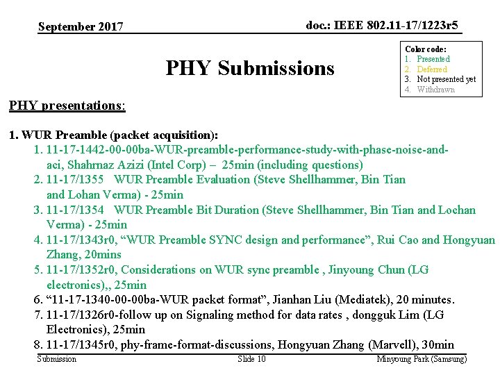 doc. : IEEE 802. 11 -17/1223 r 5 September 2017 PHY Submissions Color code: